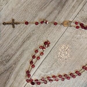 Vintage Deep Red Maroon Burgundy Beaded Rosary Necklace with Cross Prayer Beads